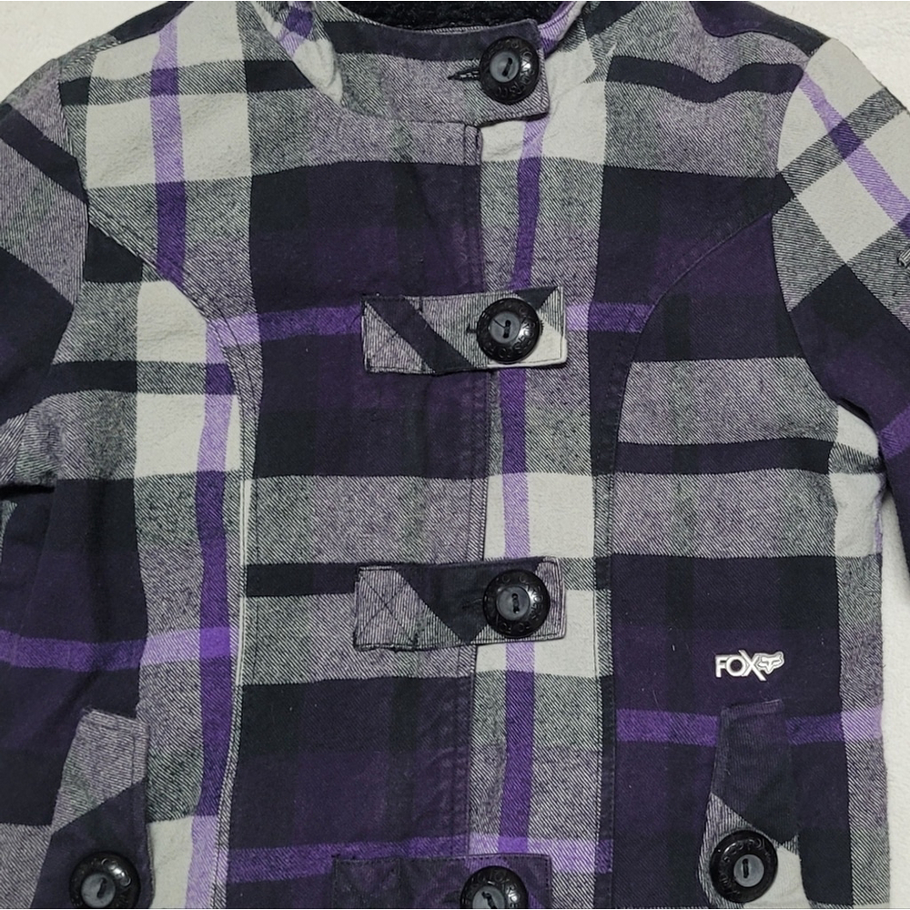 Fox Vintage Y2K Purple Plaid Flannel Black Faux Fur Lined Hooded Bomber Jacket - Picture 4 of 11